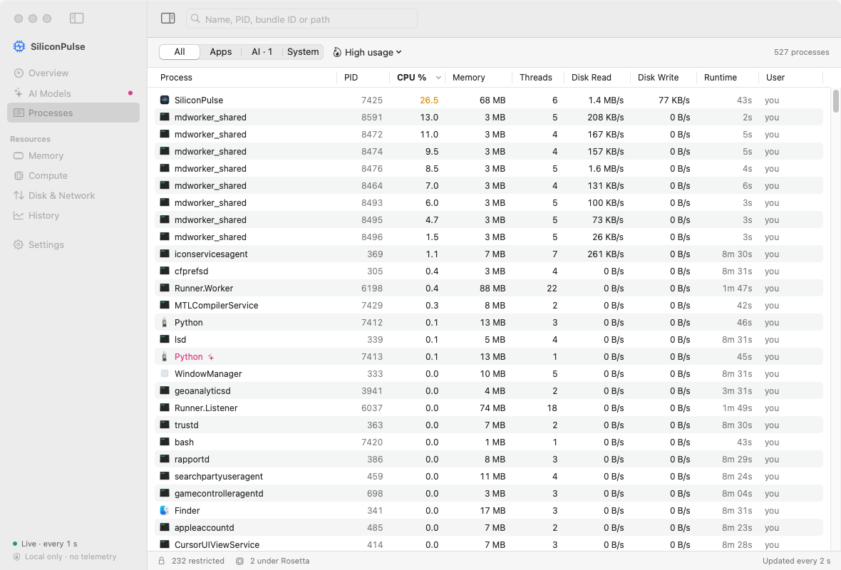 Processes screen: a native table with filters and search