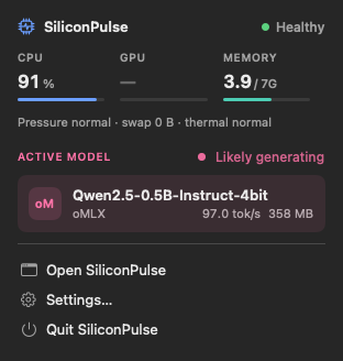 The SiliconPulse menu bar popover with CPU, GPU, memory and the active oMLX model
